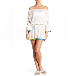 La Moda White Off-Shouder Tunic Beach Dress with Multi Colored Pompoms - Size L
